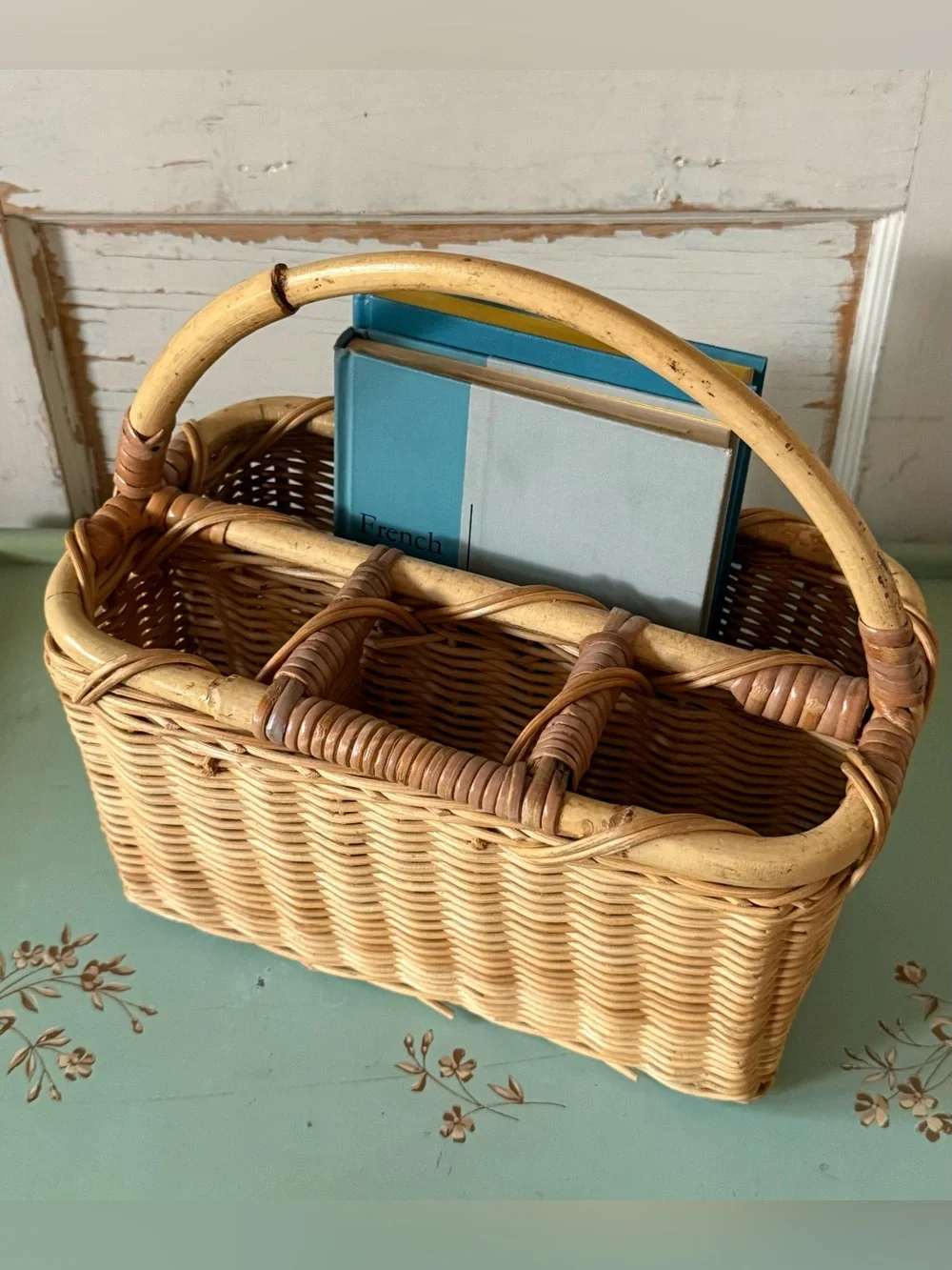 Vintage Wicker Cutlery Basket, Organizer, Rattan, Handmade